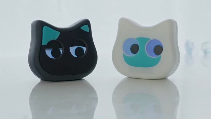 おしゃべりネコ型ロボット「ミーア」の黒と白の2台