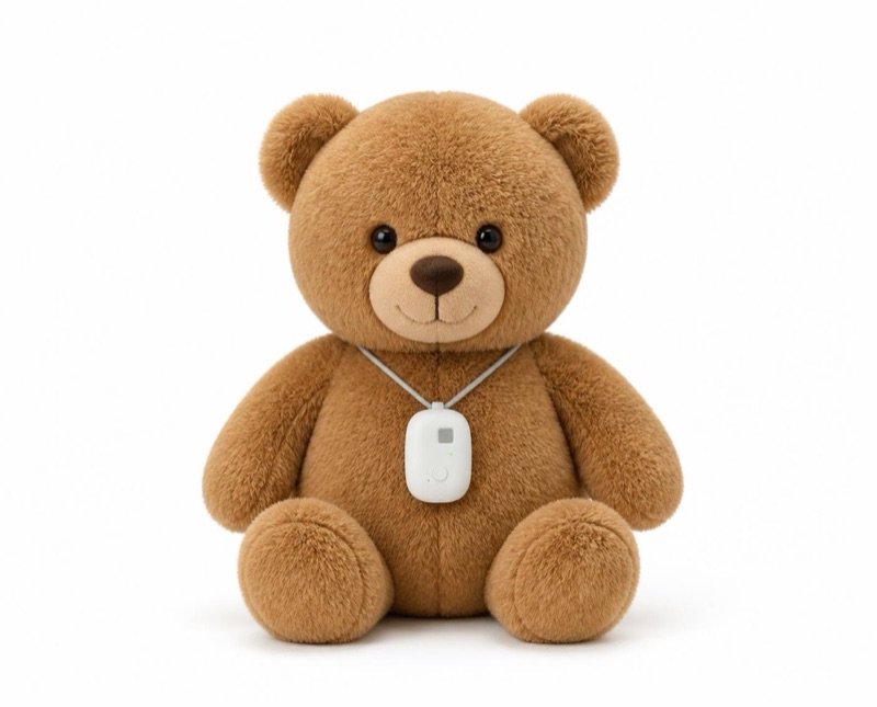 本体を首から下げたクマのぬいぐるみ